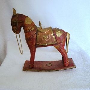Folk art wooden carved brass copper rocking horse figurine